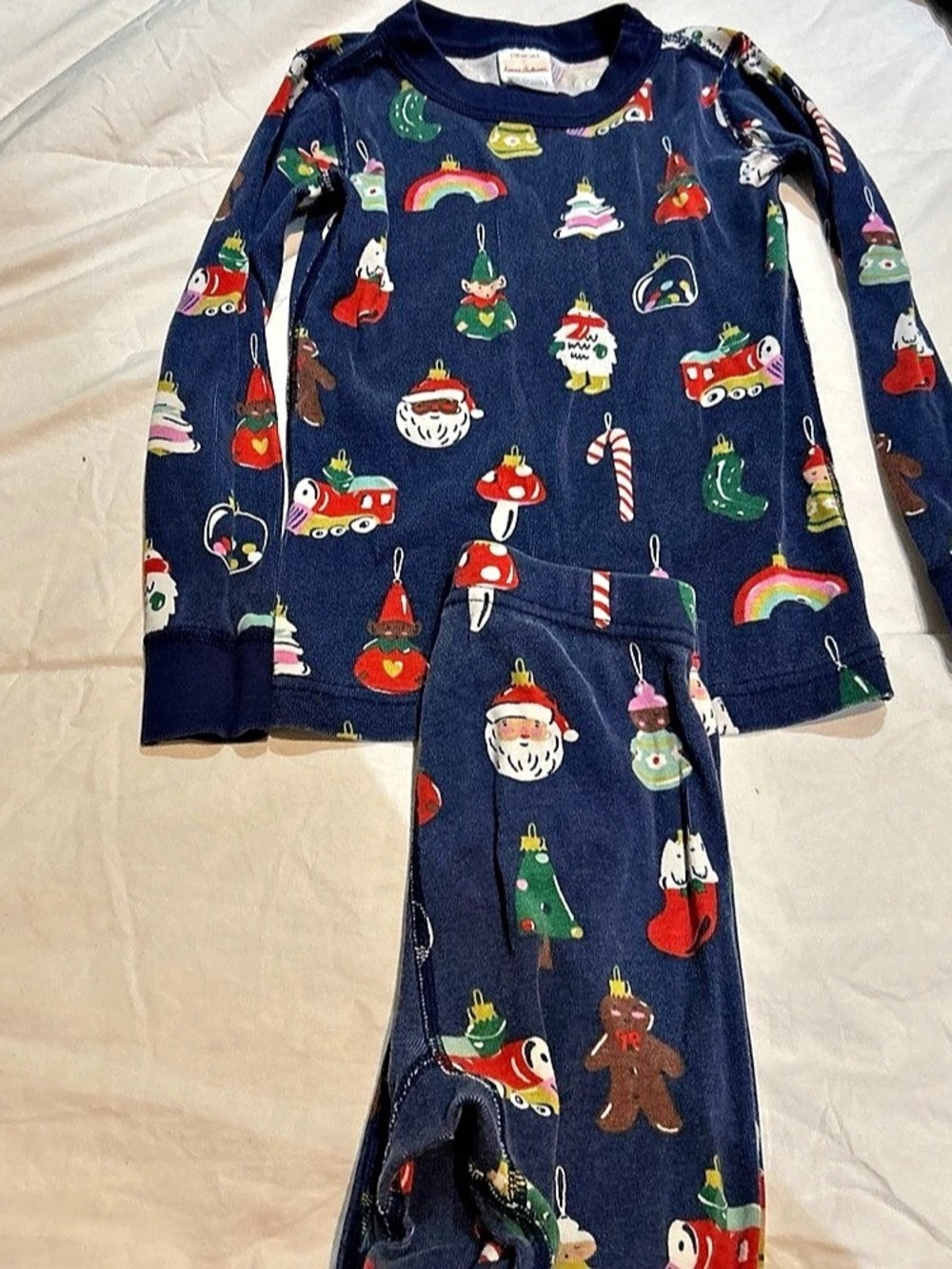 Hanna Andersson Holiday Long John Pajama Set in Ornaments Print, Blue kids sz 5